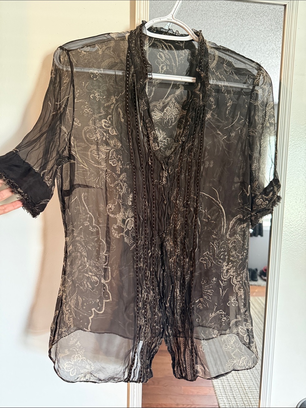 Sheer chocolate and cream Beaded Overlay Blouse